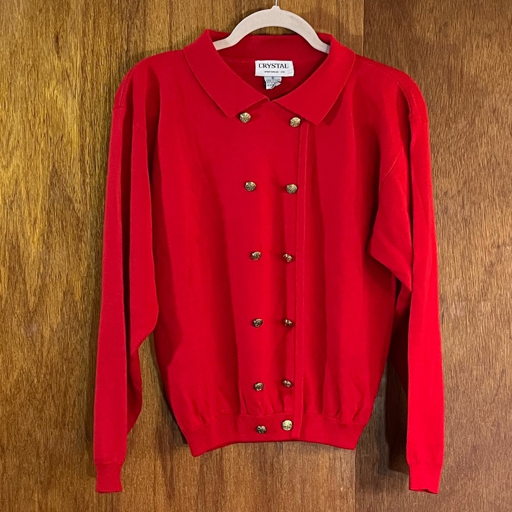 Vintage Red Collared Sweater w Gold Buttons by Crystal Sz S